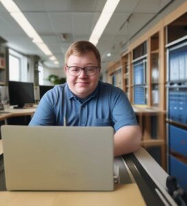 man with down syndrome working in an office