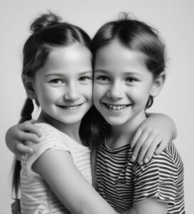 two young siblings hugging