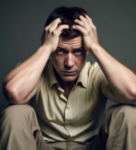 man sitting with hands on his head looking worried