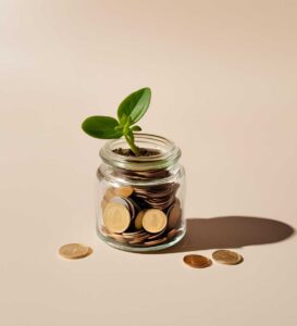 small plant growing from coins in a jar