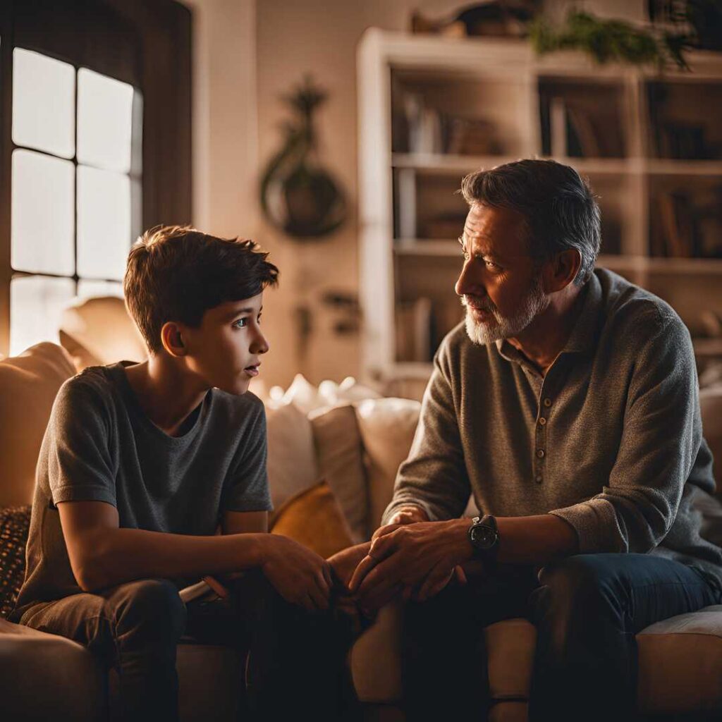 dad speaking to his teenage son about his daily schedule