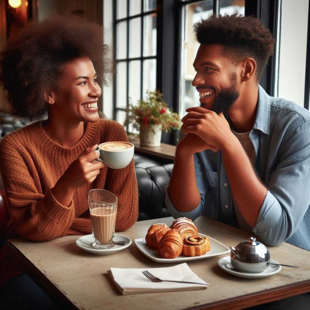 two adults having a conversation in a restaurant