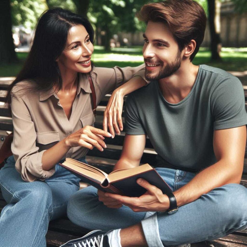 two adults having a conversation in the park
