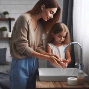 mom helping daughter to wash her hands