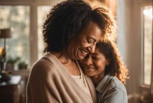 mom and daughter hugging