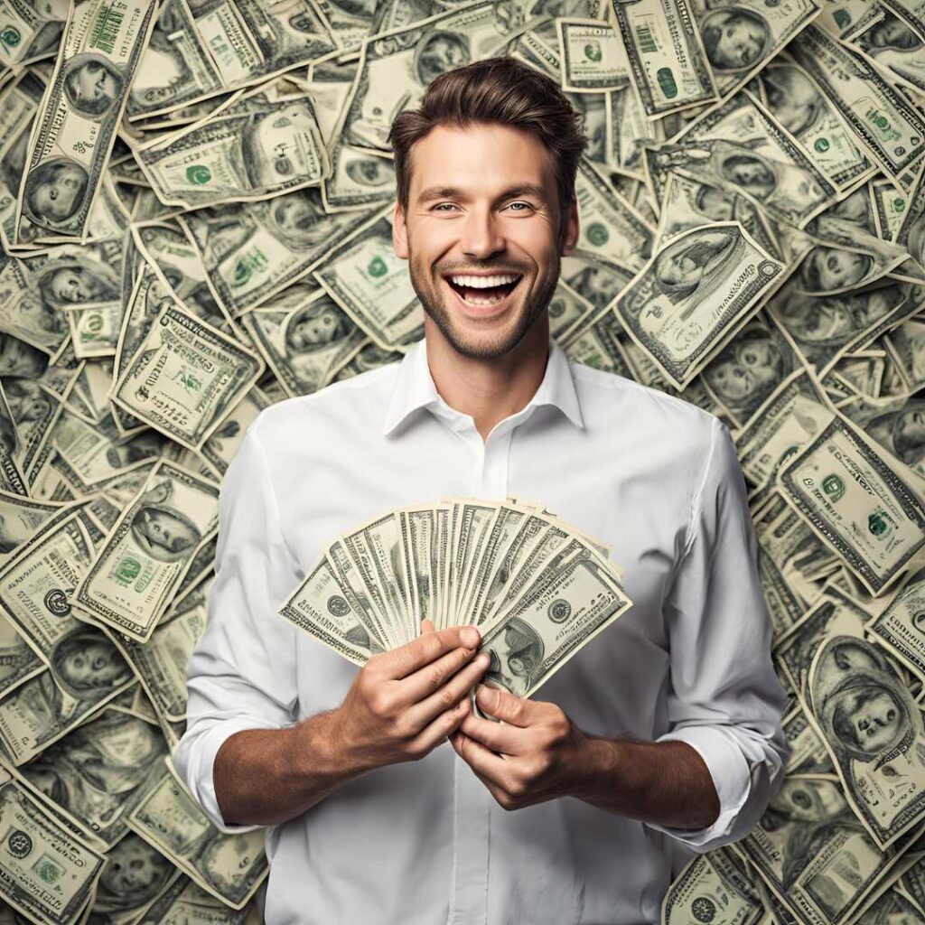 happy man holding dollar bills