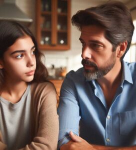 man speaking to teenage daughter