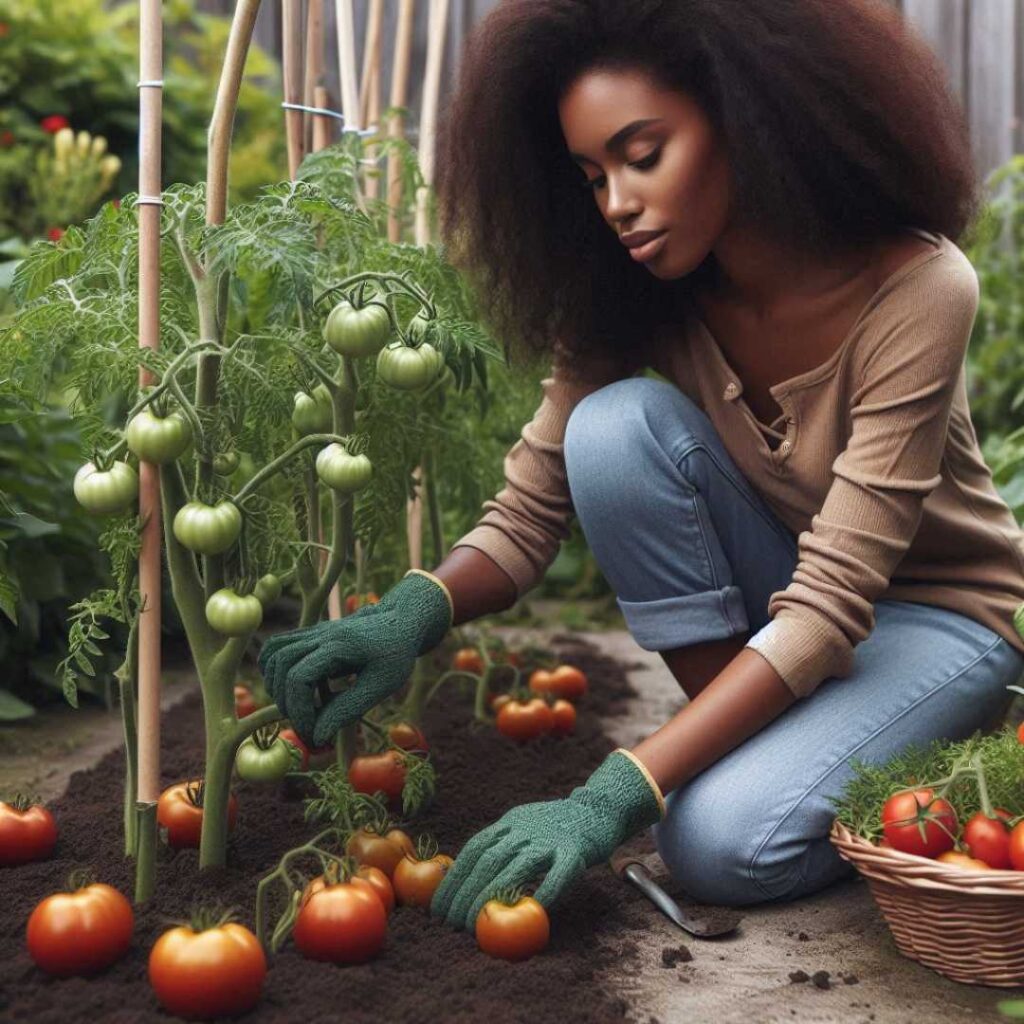 black woman tending to tomatoes in her backyard garden as one of her hobbies