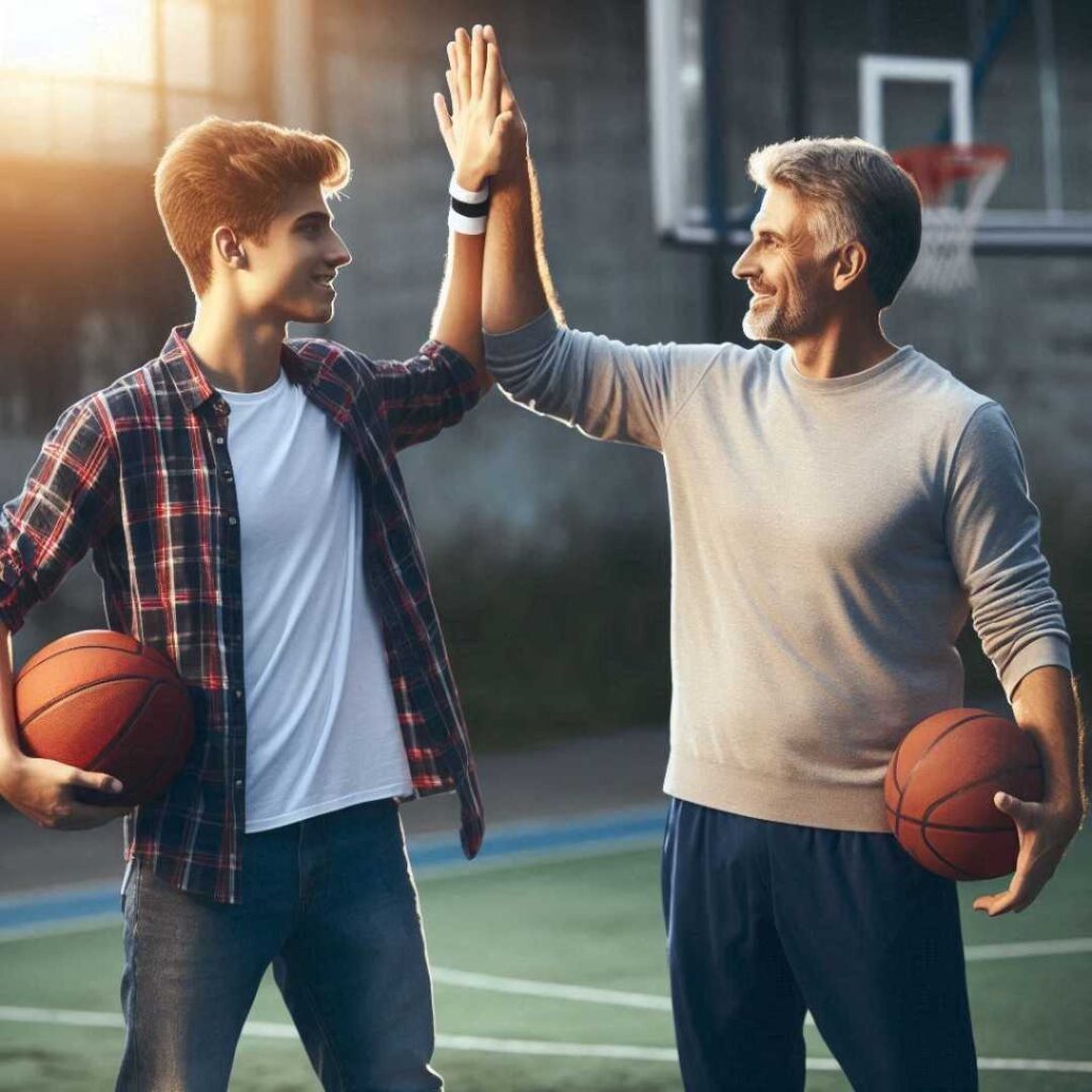 father and adult son high five after basketball match, which is one of his son's hobbies