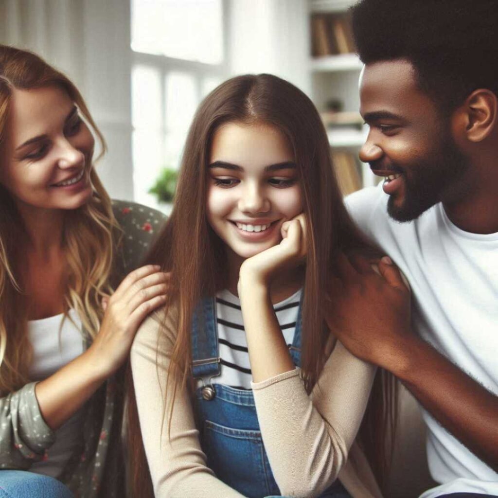 parents encouraging their daughter to develop her social skills