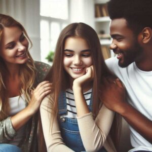 parents encouraging their daughter to develop her social skills