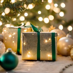 holiday gifts in a decorative box under Christmas tree