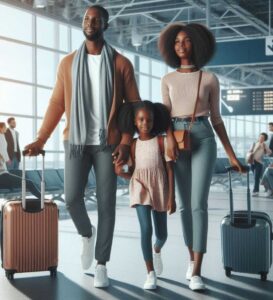 black family walking through airport with their luggage, engaging in accessible travel