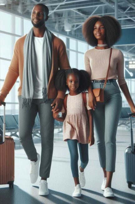 black family walking through airport with their luggage, engaging in accessible travel