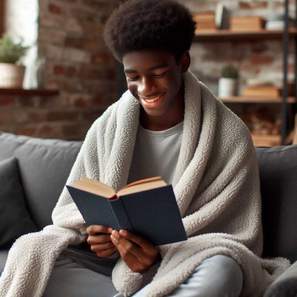 black teenager with one of his sensory friendly gifts, a weighted blanket