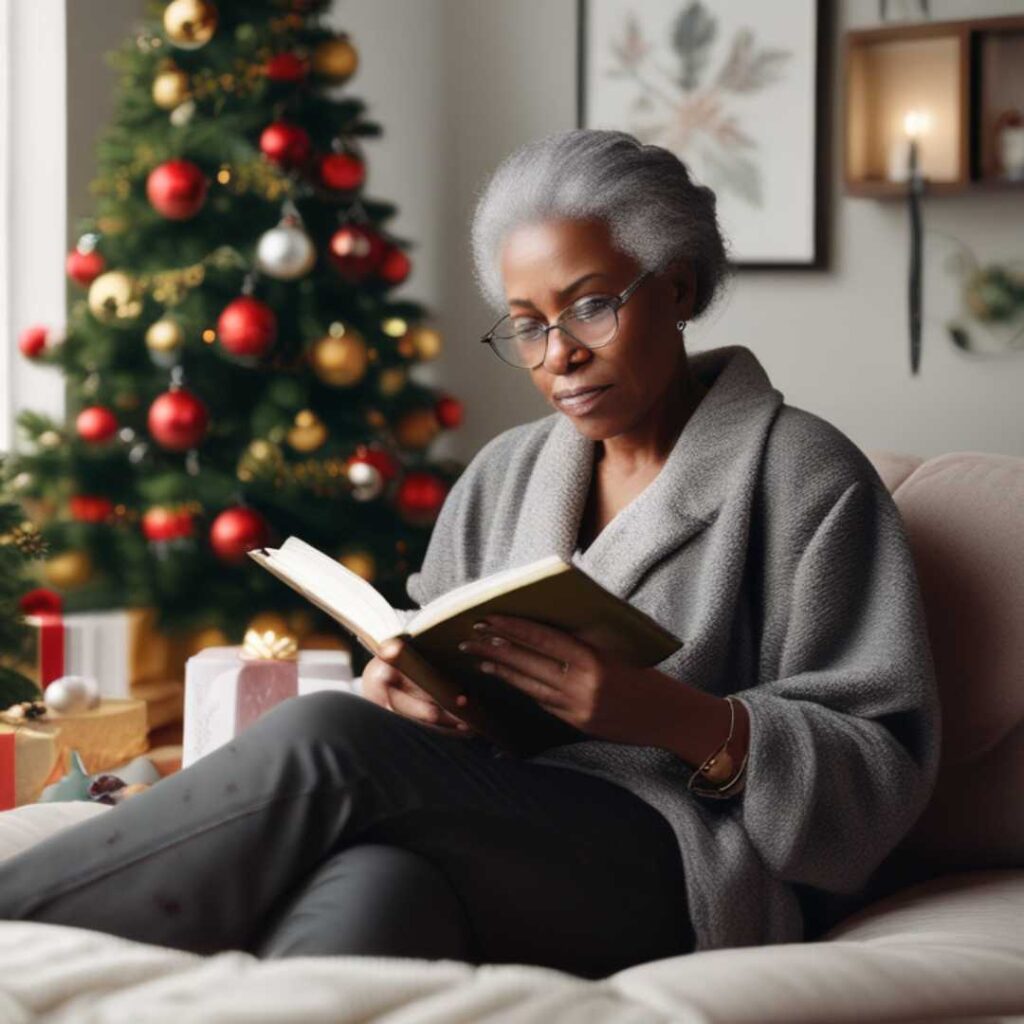 older family caregiver prioritizing self care during the holiday by taking time to read a book