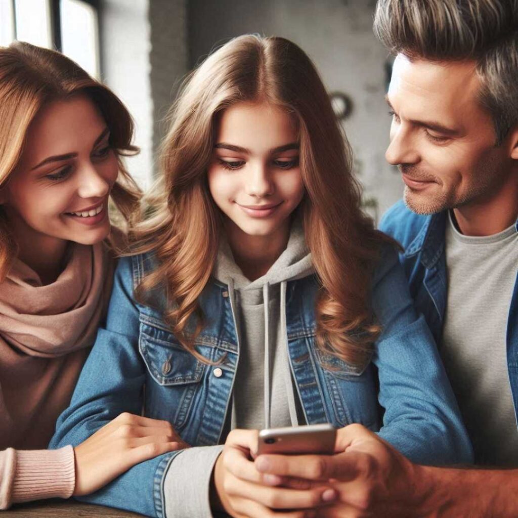 parents encouraging their daughter to use technology to develop her social skills