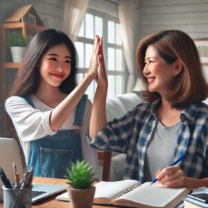 mom and teenage daughter celebrating goal setting