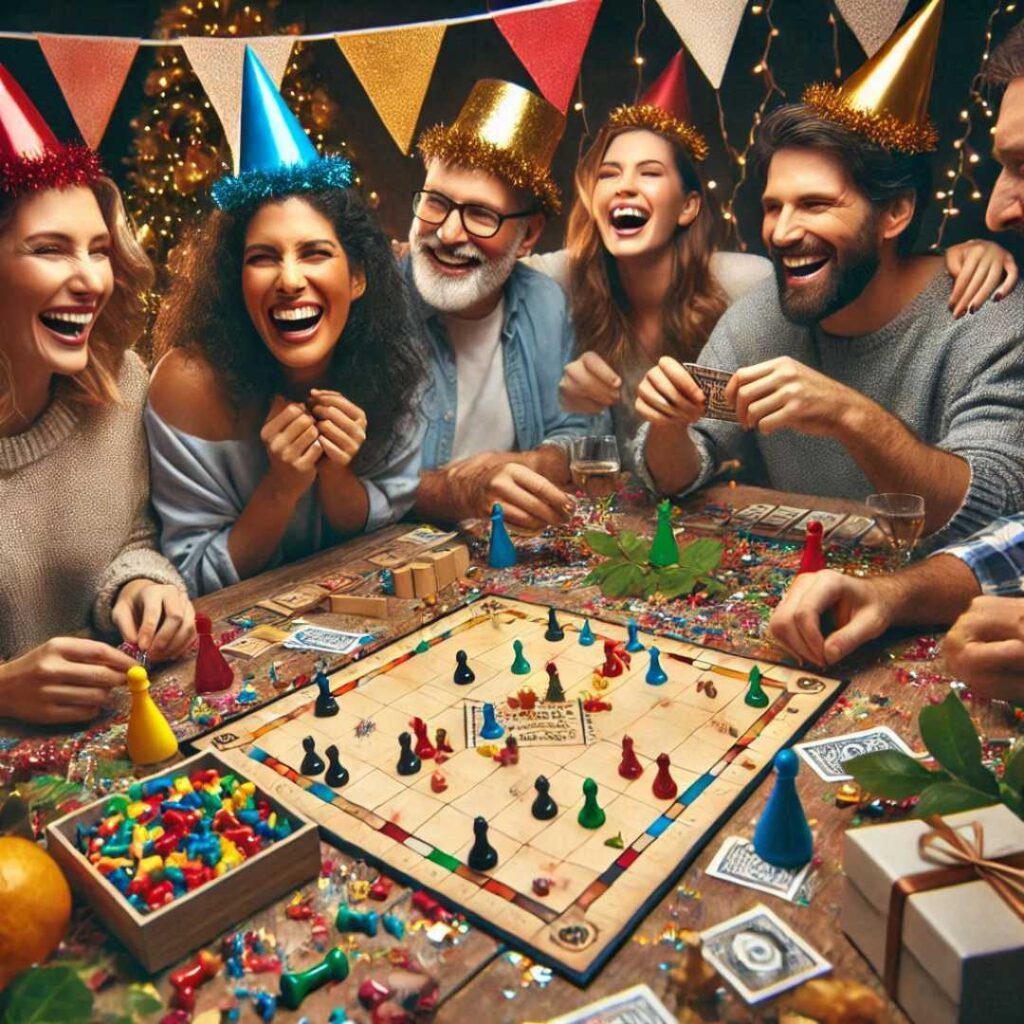 realistic photo of family games at a new year's party
