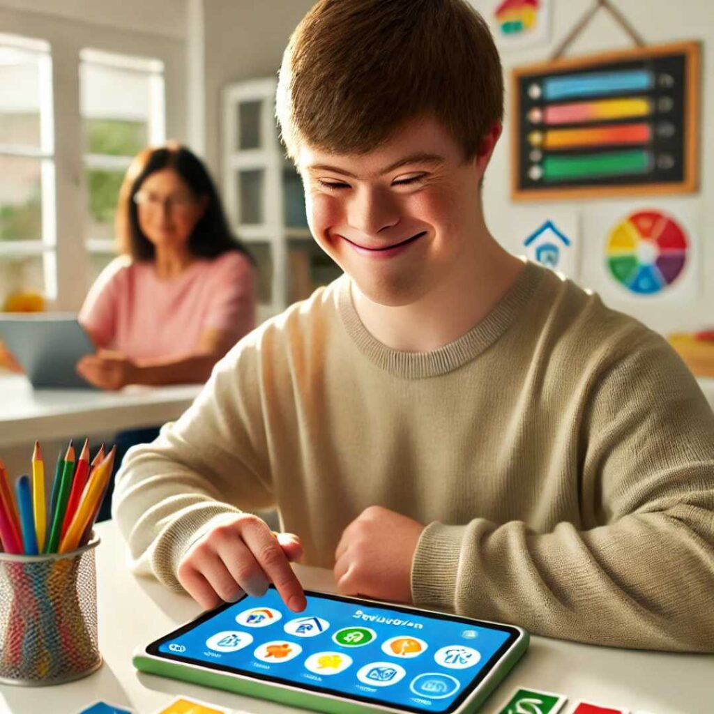 teenage boy with down syndrome using technology to learn