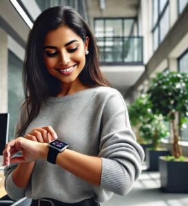 woman using smartwatch technology to enhance independence