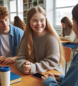 teenage girl with Down Syndrome enjoying friendships in high school