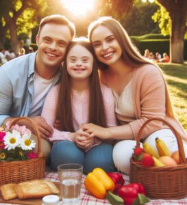Down Syndrome family caregivers with their loved one in a park