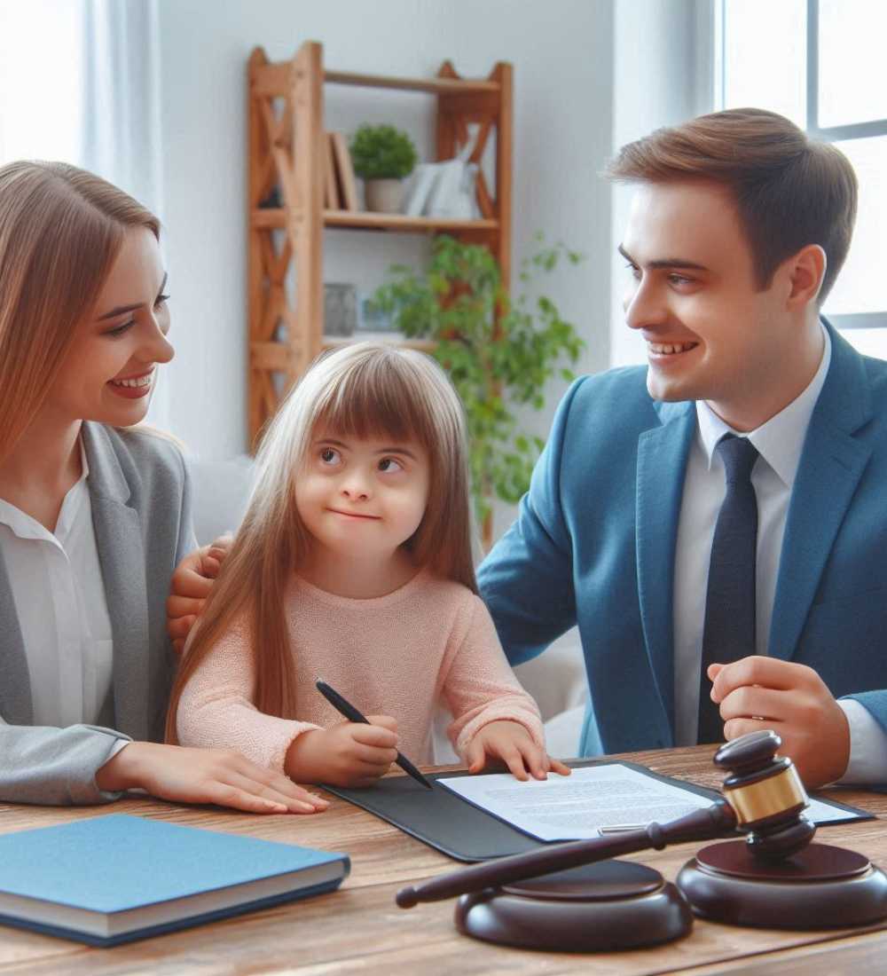 parents and their daughter with down syndrome meeting with their special needs trust attorney