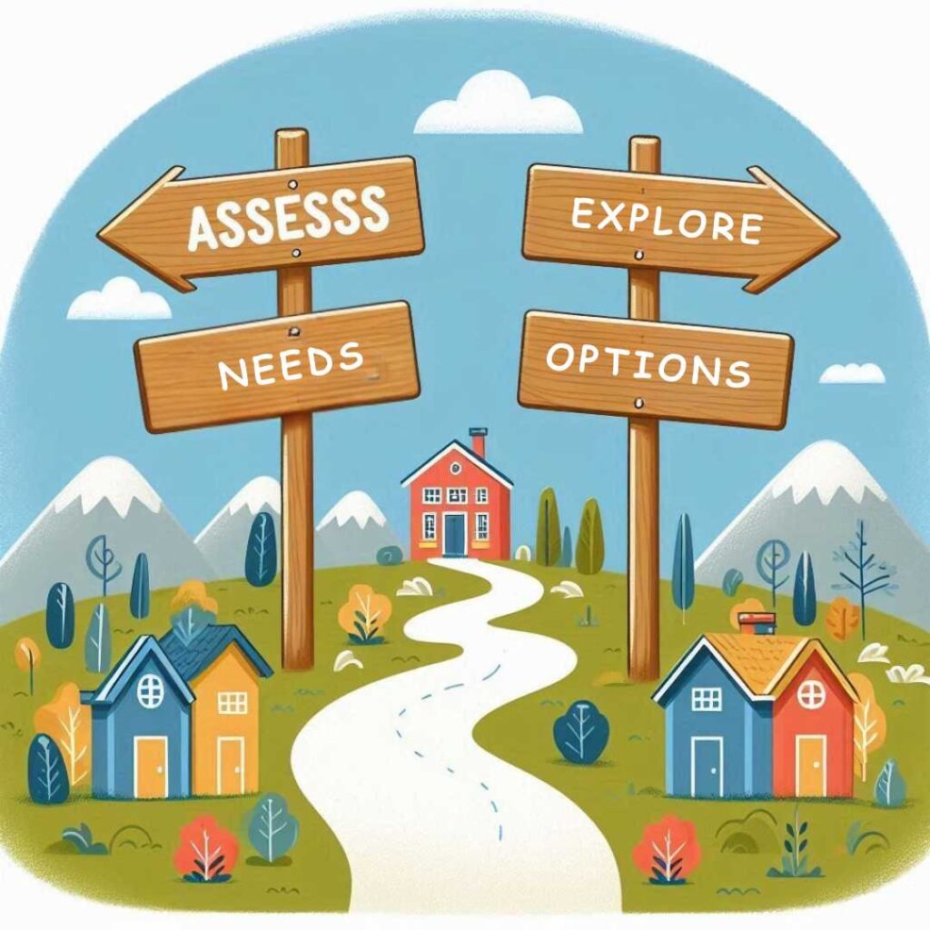 Illustration of a path with signposts labeled "Assess Needs," and "Explore Options," symbolizing the process of finding the best living arrangement for adults.