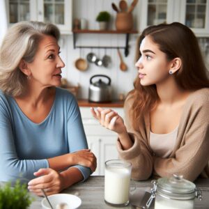 mother speaking to adult daughter in kitchen about future planning