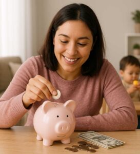 A mother adds coins to a piggy bank to save money, symbolizing smart budgeting for her family's future.