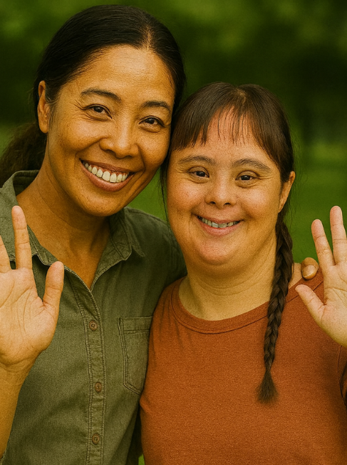mom and daughter with down syndrome wave hello
