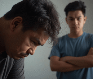 parent looking discouraged as child displays challenging behaviours