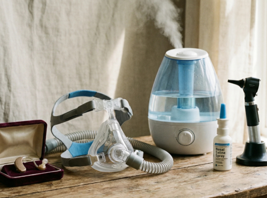 ENT aids on a table, like CPAP mask, humidifier, nasal spray, etc.