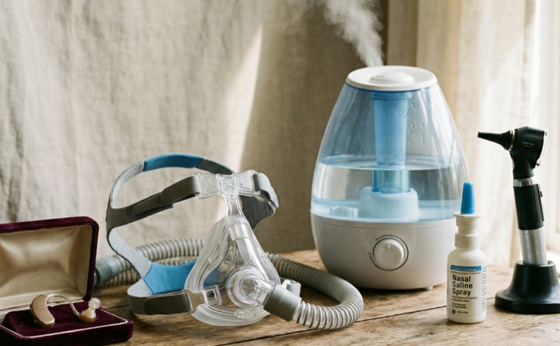 ENT aids on a table, like CPAP mask, humidifier, nasal spray, etc.