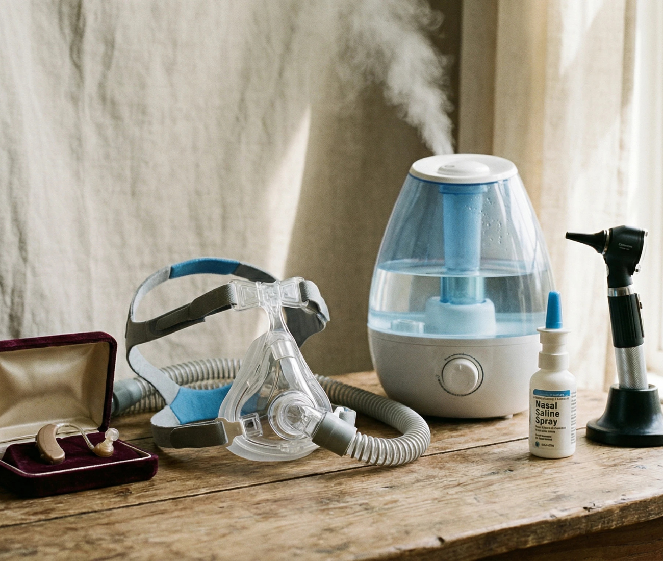 ENT aids on a table, like CPAP mask, humidifier, nasal spray, etc.